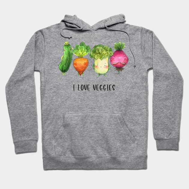 "I love Veggies" Cute Watercolour Handmade Hoodie by Carlotta Mascolo Art